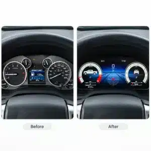 Hình ảnh so sánh trước và sau cho thấy cụm đồng hồ Toyota Tundra nguyên bản bên cạnh cụm đồng hồ kỹ thuật số nâng cấp