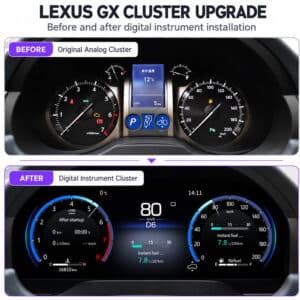 So sánh trước và sau giữa đồng hồ kim nguyên bản Lexus GX460 và cụm đồng hồ kỹ thuật số nâng cấp