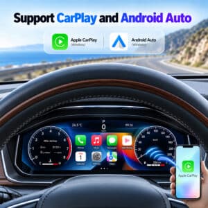 Hình ảnh quảng cáo mô tả giao diện bảng táp-lô Apple CarPlay và Android Auto trên cụm đồng hồ kỹ thuật số Lexus GX460